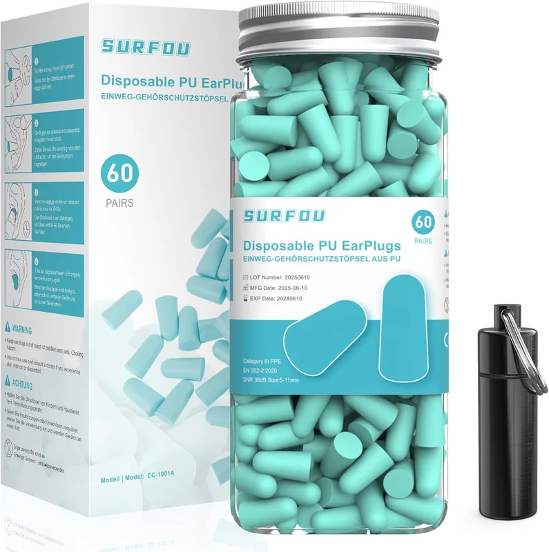 SURFOU Tapones Oidos Ruido Dormir 60 Pares, 38 dB Reducción, Reutilizables y de…